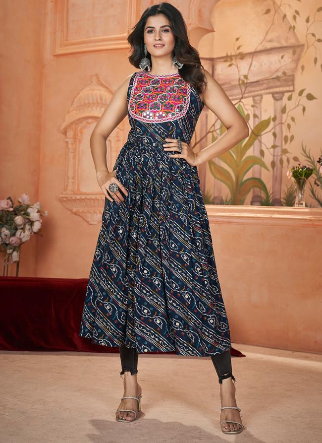 Rayon Blue Navratri Wear Printed Readymade Kurti